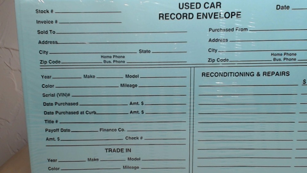 Used Car Record Envelope, 9" x 12" Blue 100 Per Pack