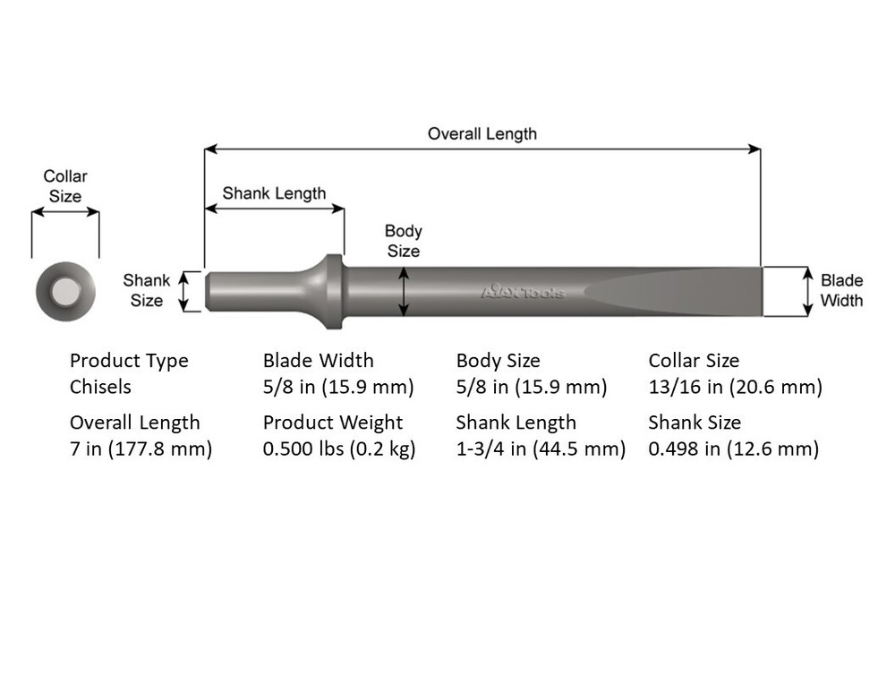 Ajax Tools A960  .498 Shank 5/8" Width Flat Chisel, 7" Length - Made In The USA