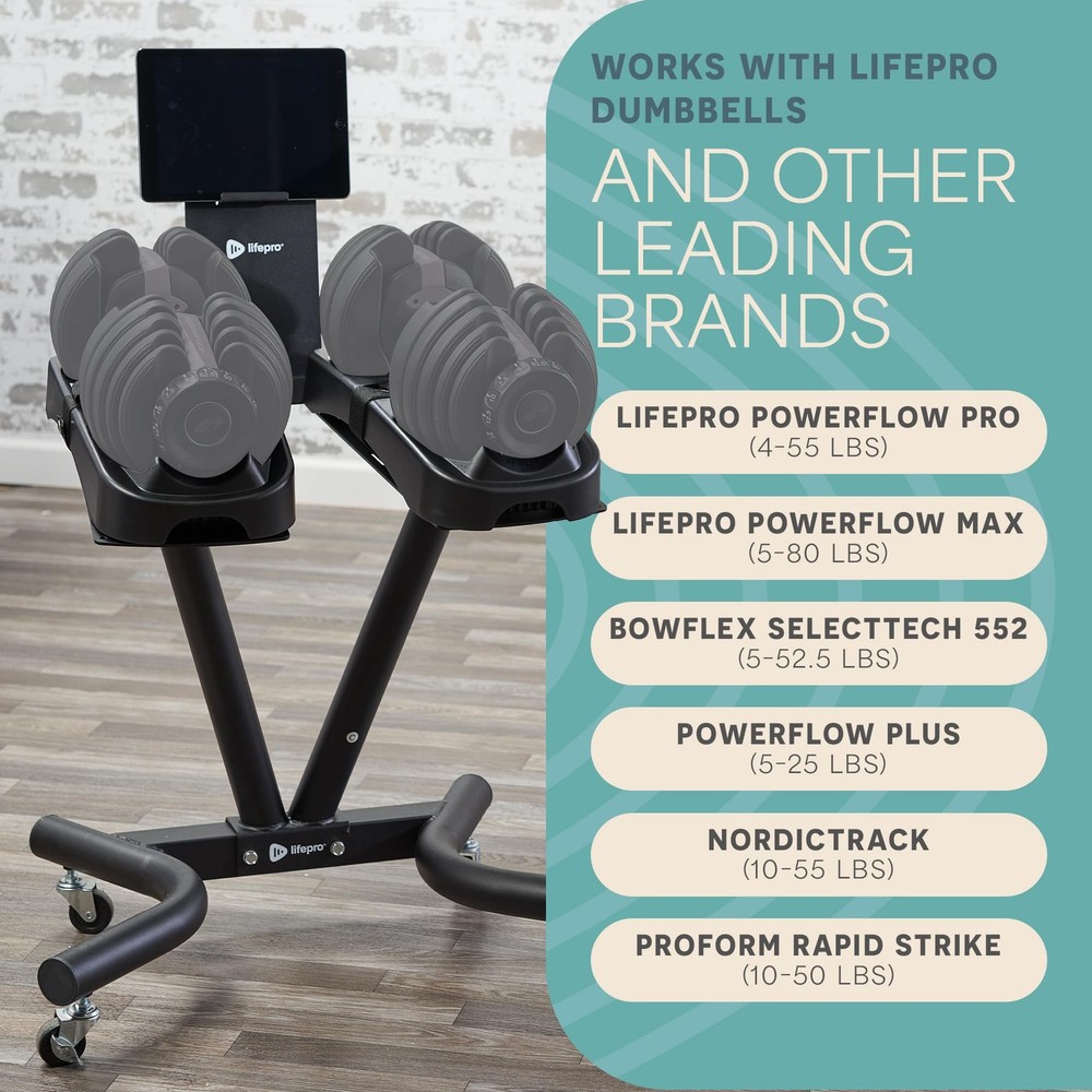 Adjustable Dumbbell Stand with Wheels & Tablet Holder SpaceSaving Rack