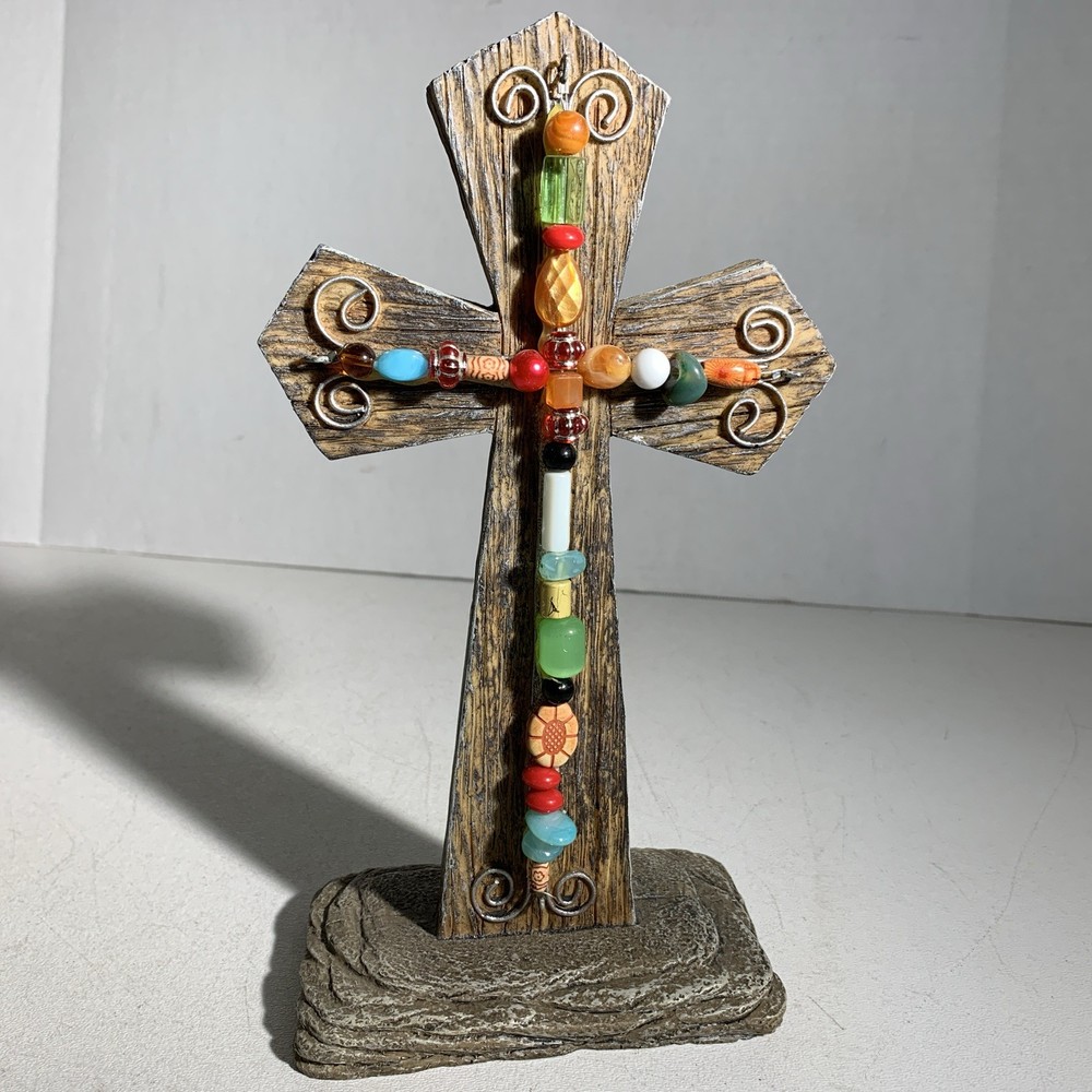 Small Boho Rustic Primitive Style Resin & Beads Standing Decorative Ornate Cross