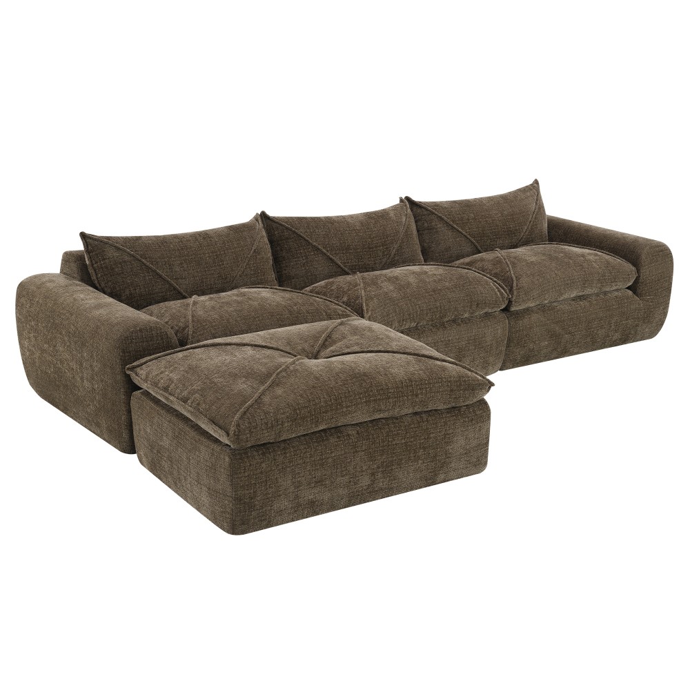 Brown Chenille 4-Seater Sectional Sofa w/Ottoman - No Assembly