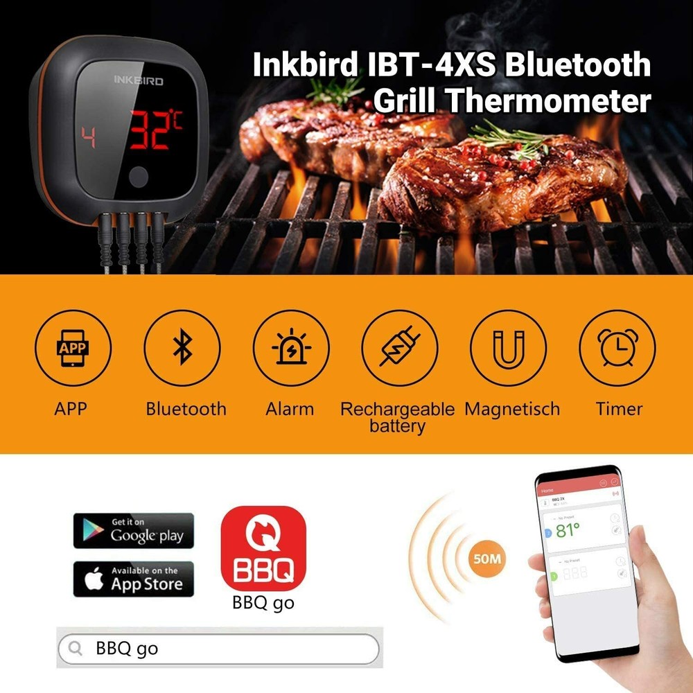 Rechargeable Bluetooth BBQ Thermometer Wireless Cooking Meat Sensor 2/4 Probe US