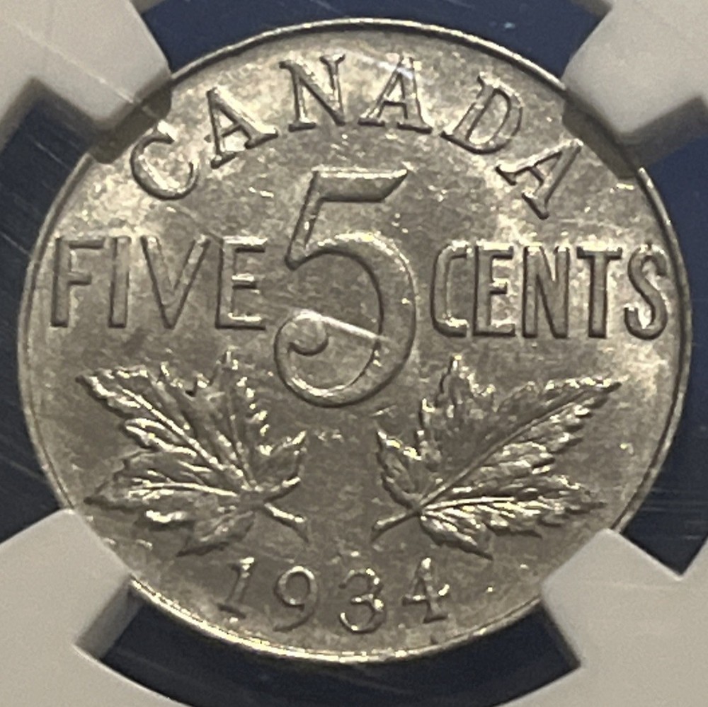 1934 5 Cents Canada AU 58
