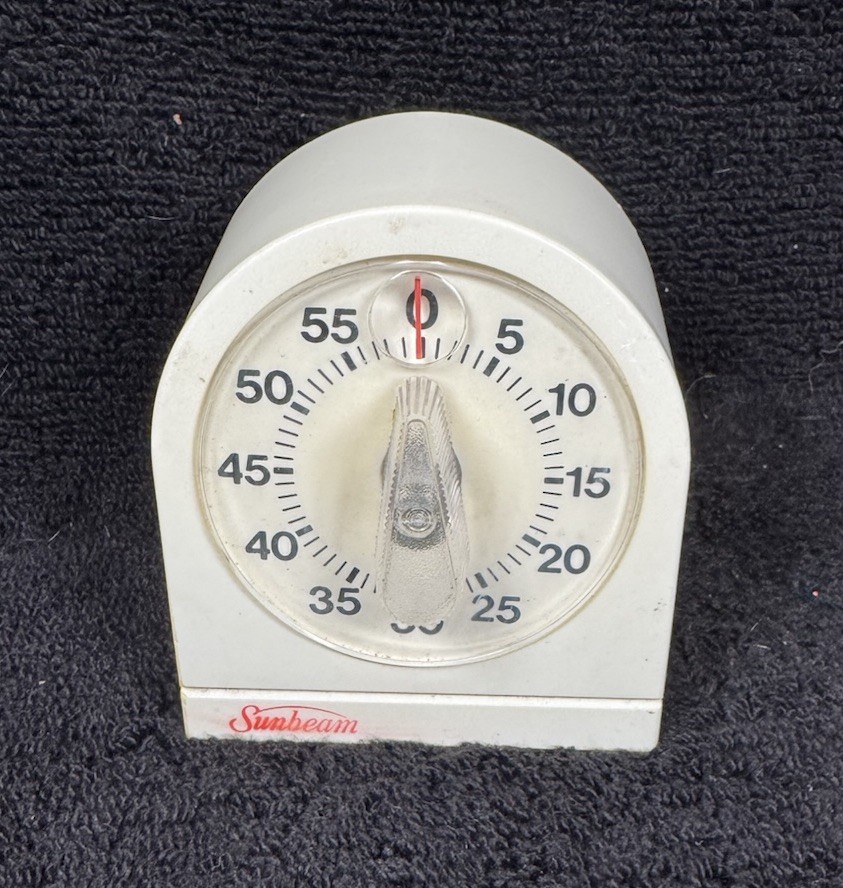 Vintage Sunbeam Mechanical Kitchen Timer Plastic White Analog Made in USA