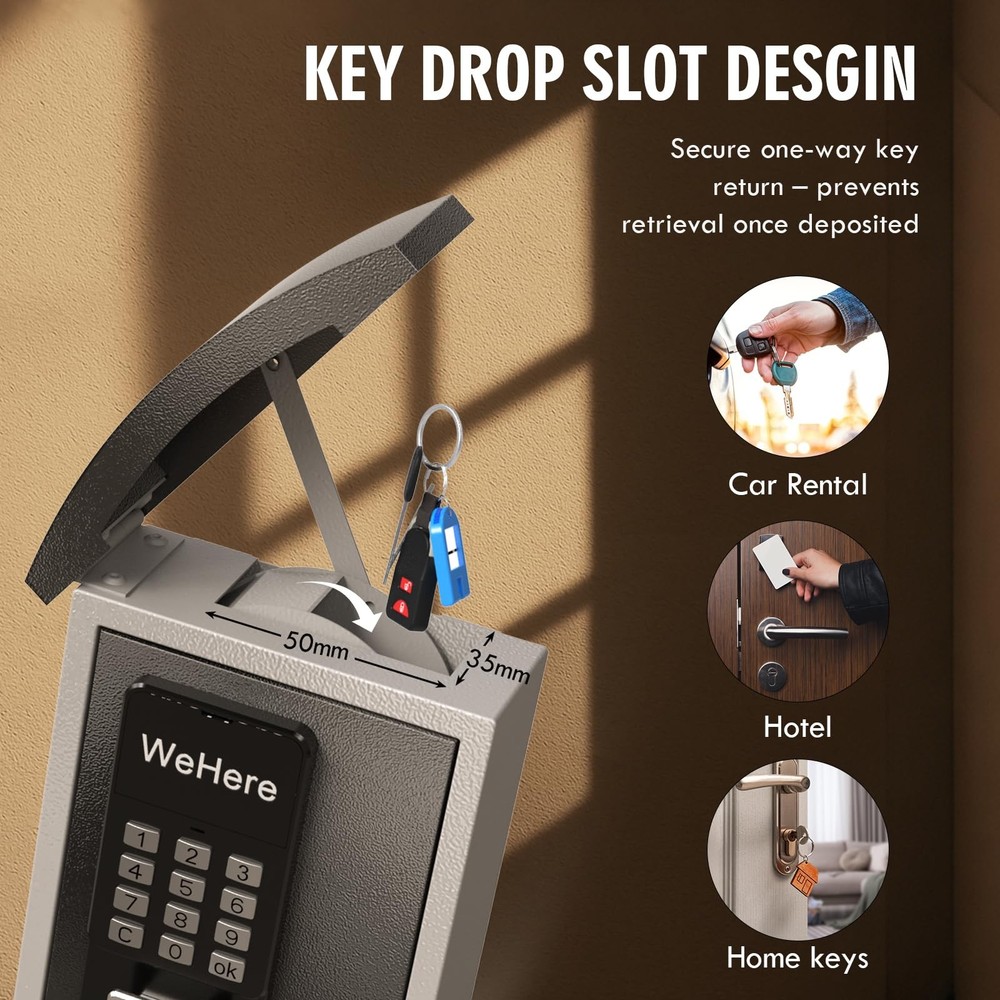 WeHere Key Lock Box Wall Mount with Key Drop Slot, Smart Digital Lockbox, OTP...