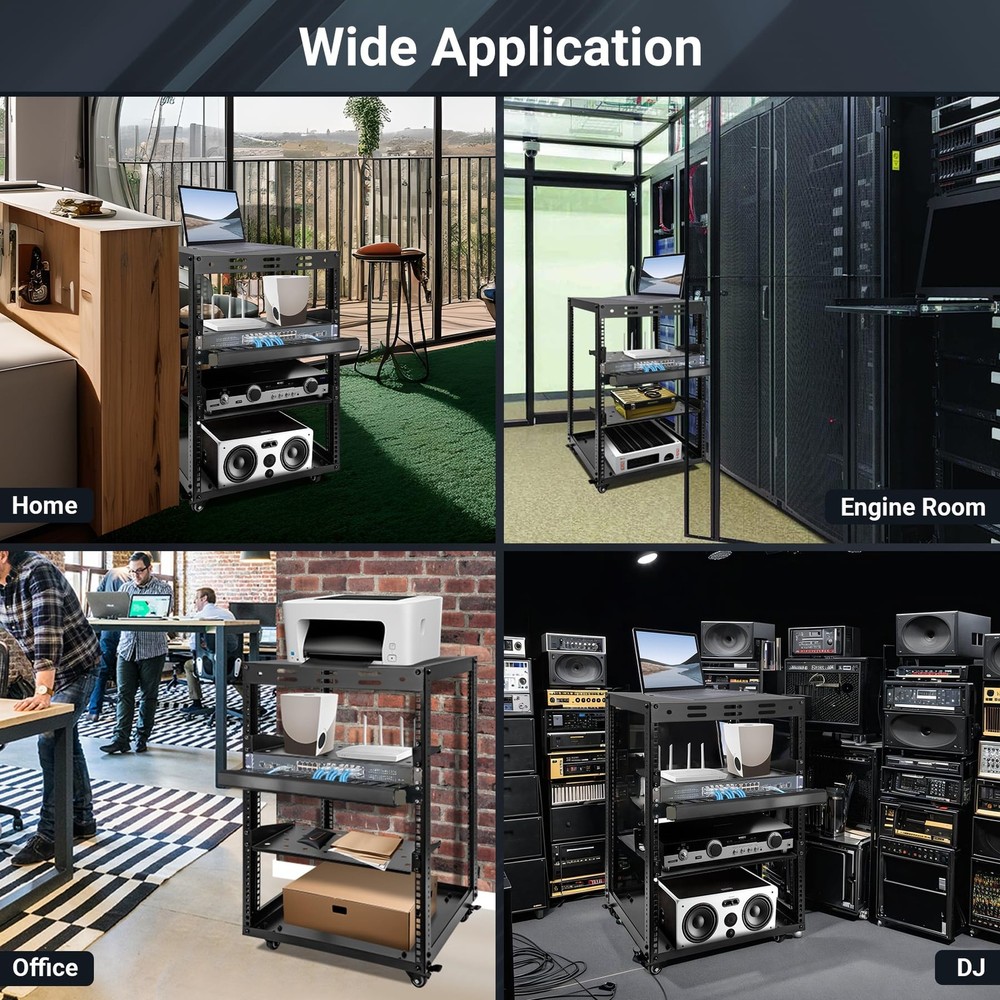 15U Open Frame Server Rack, Wall-mountable IT Rack w/Swivel Casters, 2 Rack S...