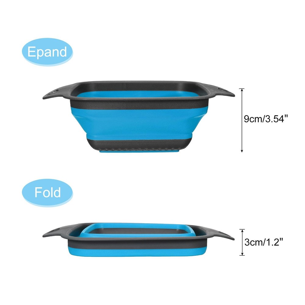 3Pcs Collapsible Colander Set Silicone Square Foldable Strainer Blue Large