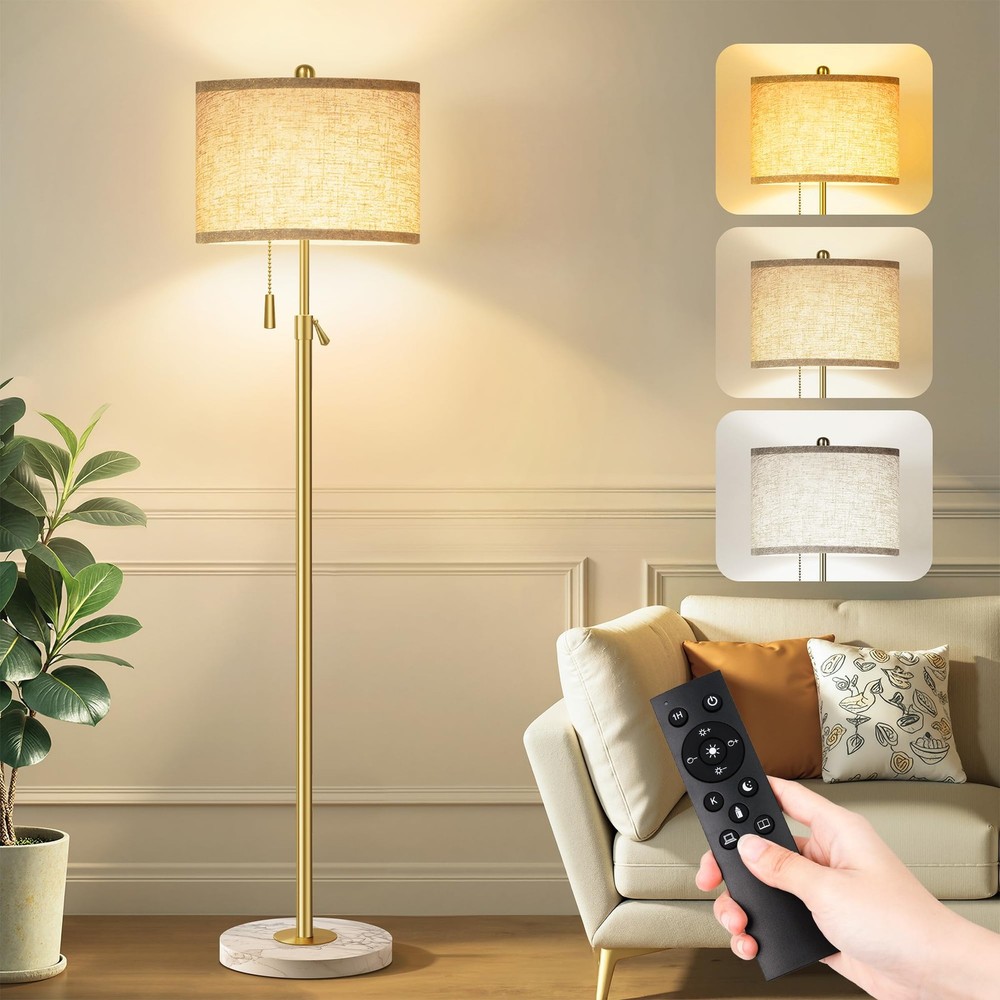 Gold Floor Lamp with Remote Control, Marble Base & Linen Shade, Dimmable Light