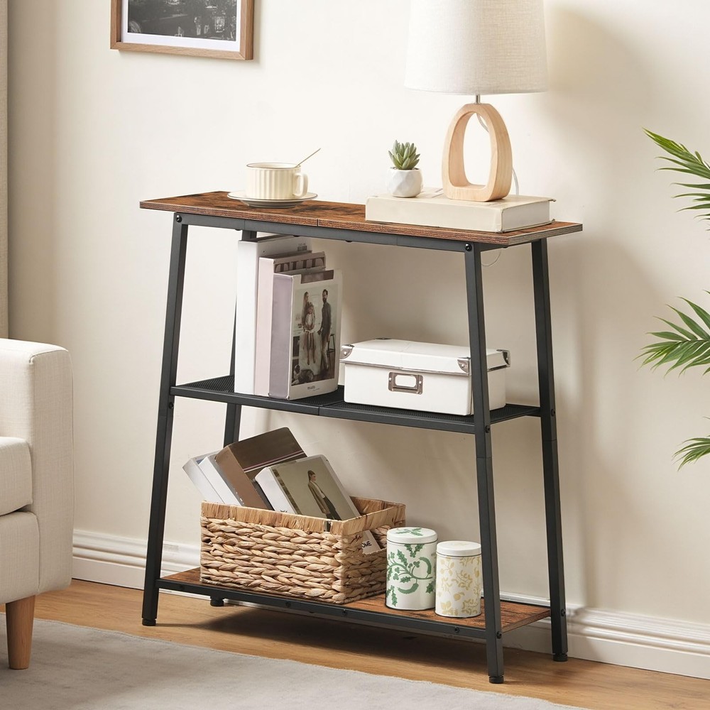 Narrow Console Table, 3-Tier Small Entryway Table with Storage Shelves, Behin...