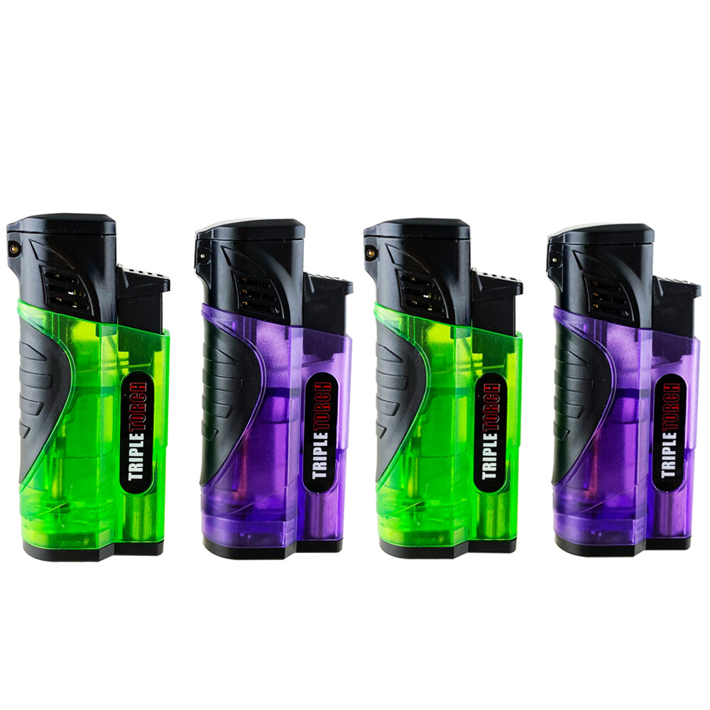 4 PACK Triple Clear Color Torch Lighter Adjustable Flame W/Cigar Puncher GR