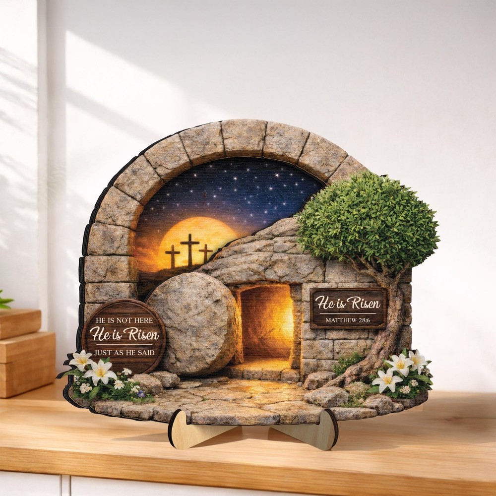 He Is Risen Easter Wooden Frame, Empty Tomb Christian Decor Gift Sign