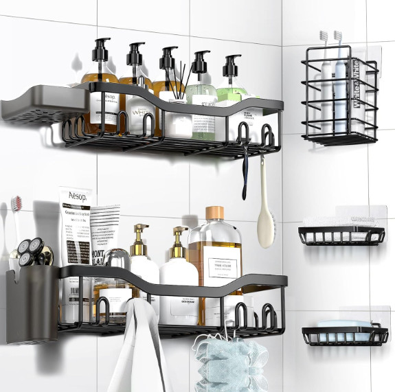 Upgraded Extended Length Shower Organizer with Hooks, Rustproof Shampoo Soap Hol
