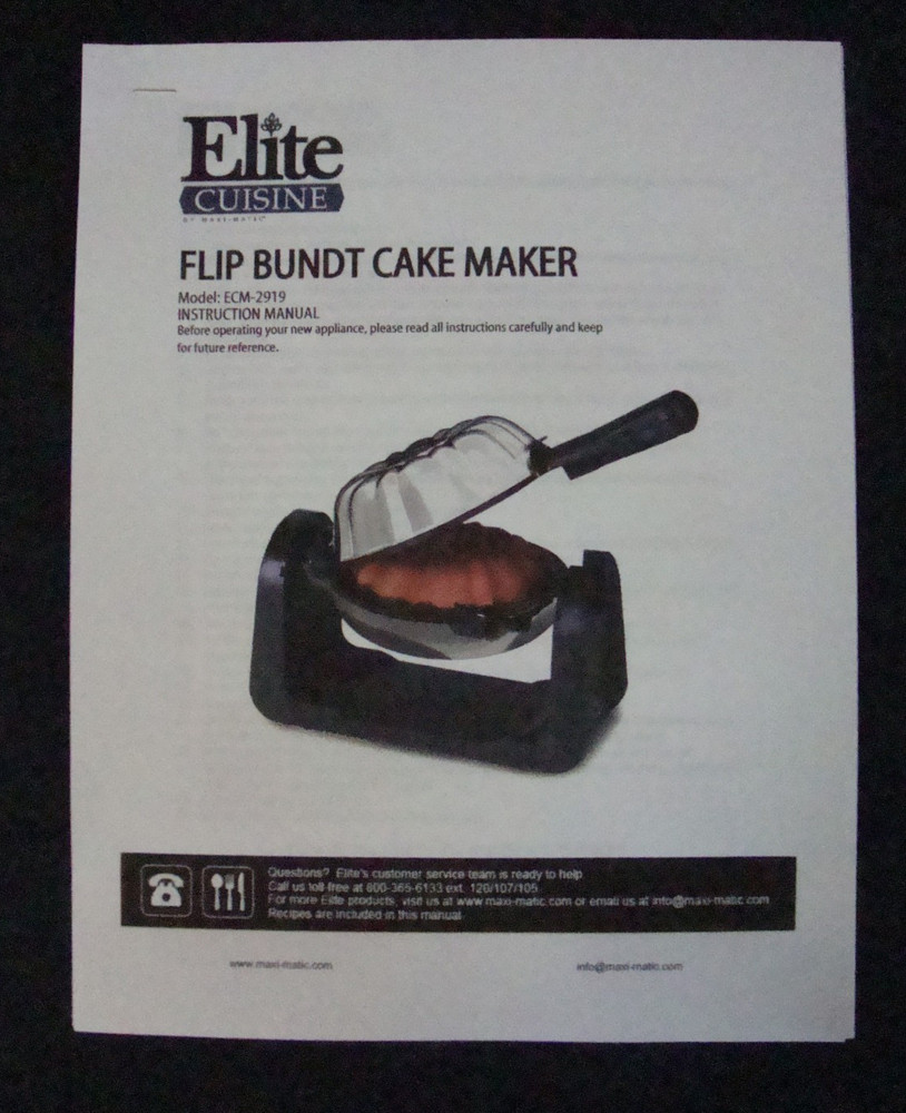 Elite Cuisine Bundt Cake Maker Model ECM-2919 with Instruction Booklet