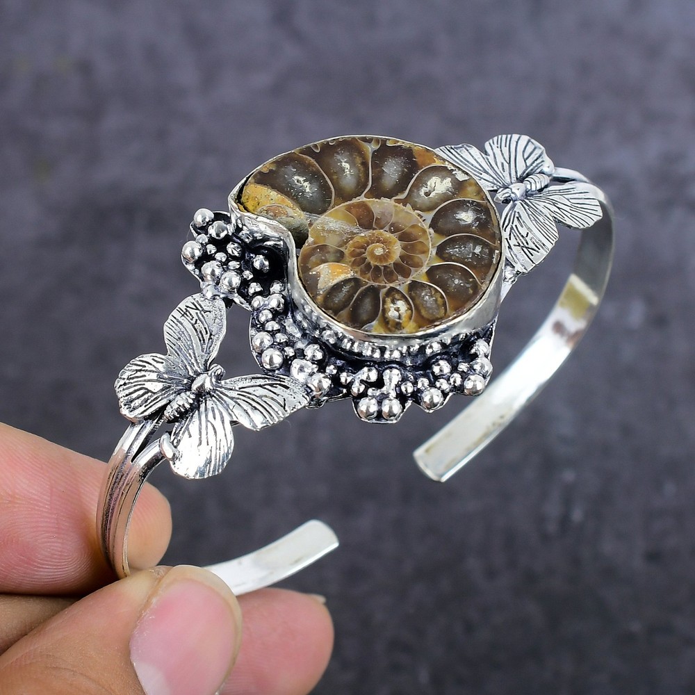 Ammonite Fossil Gemstone 925 Sterling Silver Cuff Bangle Adjustable J263