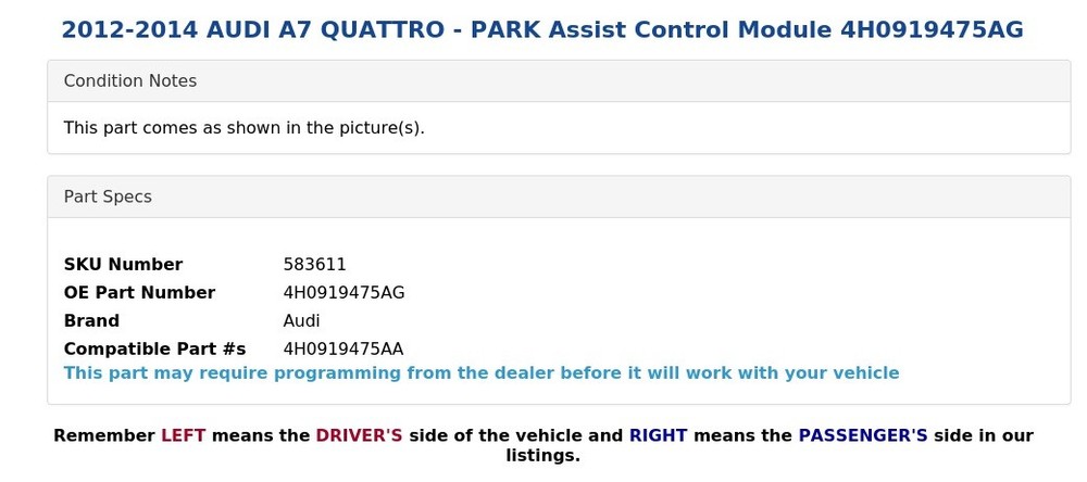 2012-2014 AUDI A7 QUATTRO - PARK Assist Control Module 4H0919475AG
