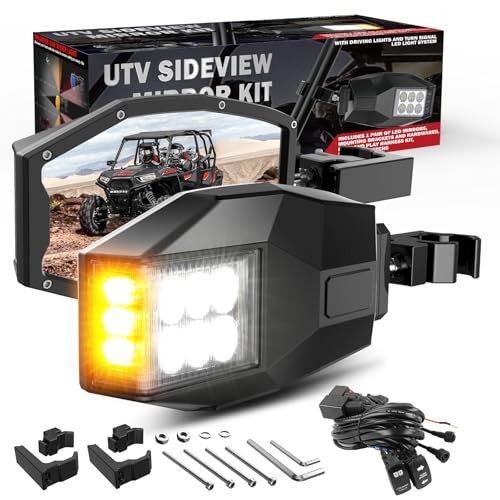 UTV Side View Mirrors Aluminium with White LED Lights Amber Blinker Turn Black