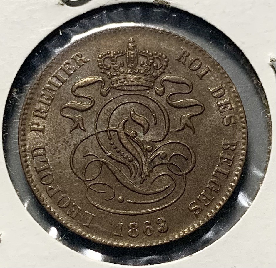 1863 Belgium 2 Centimes Lion Copper Coin
