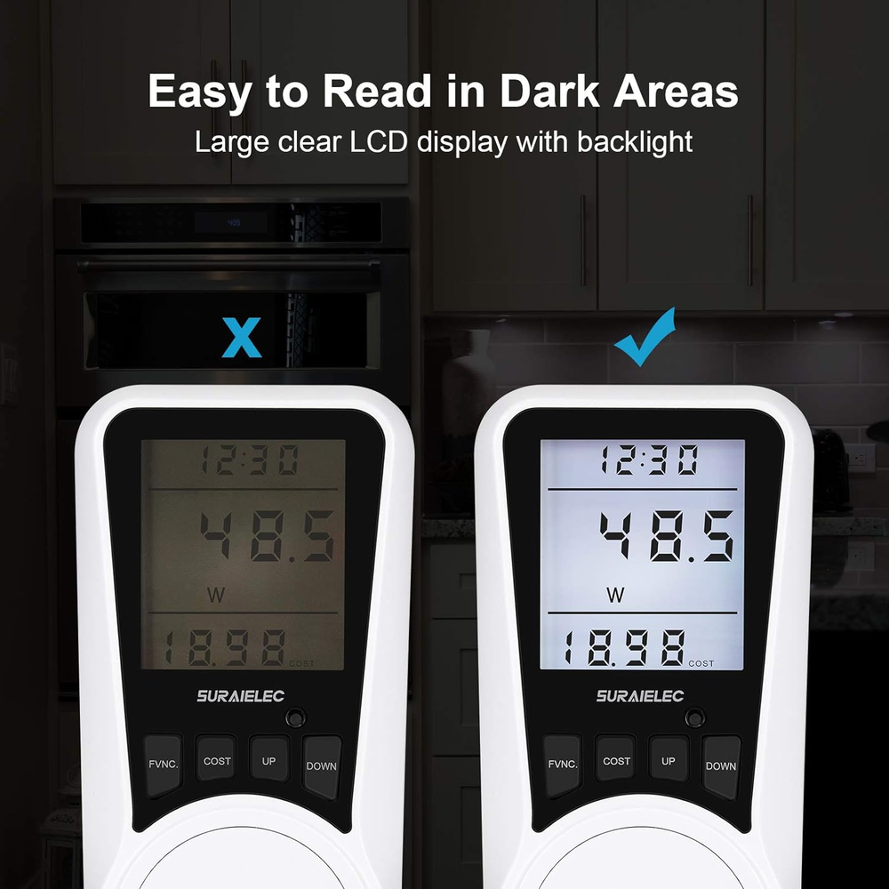 SURAIELEC Watt Meter, Plug-In Socket Power Meter, Auto Cost Calculator, Backlit