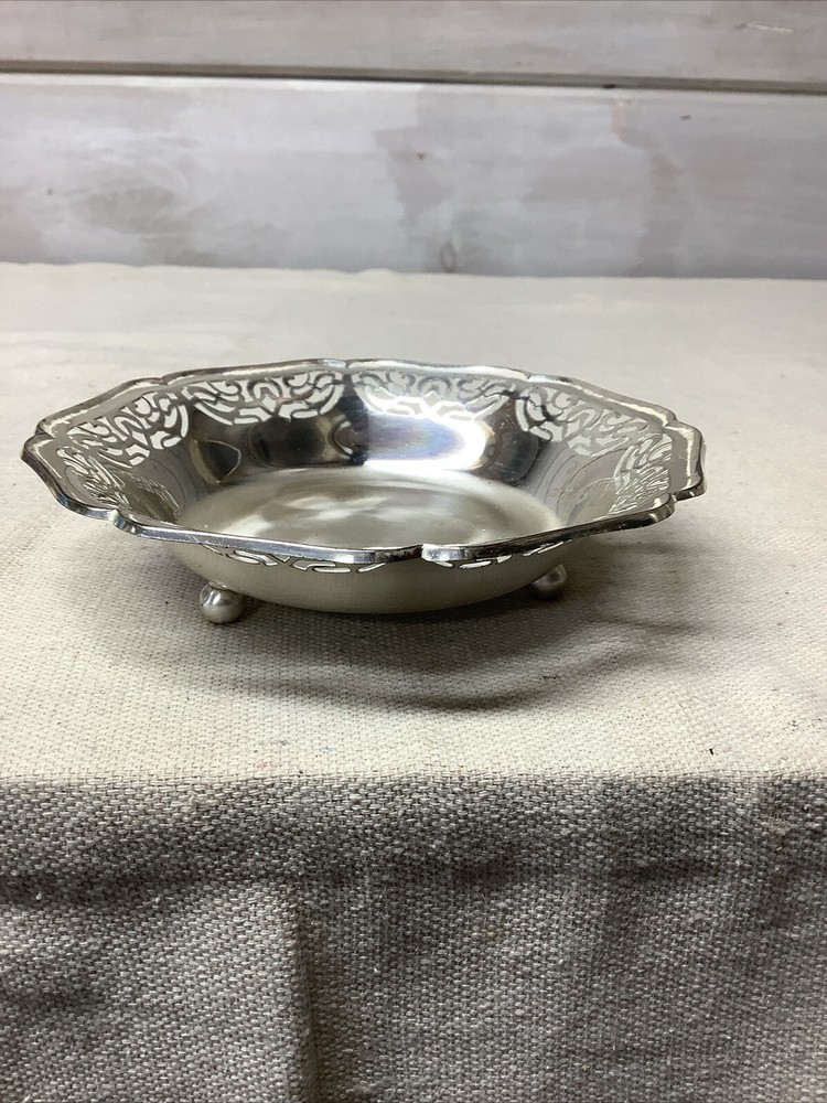 Vintage EP Brass Germany Brushed Silver Plate / Brass Footed Candy Dish Tray WMF
