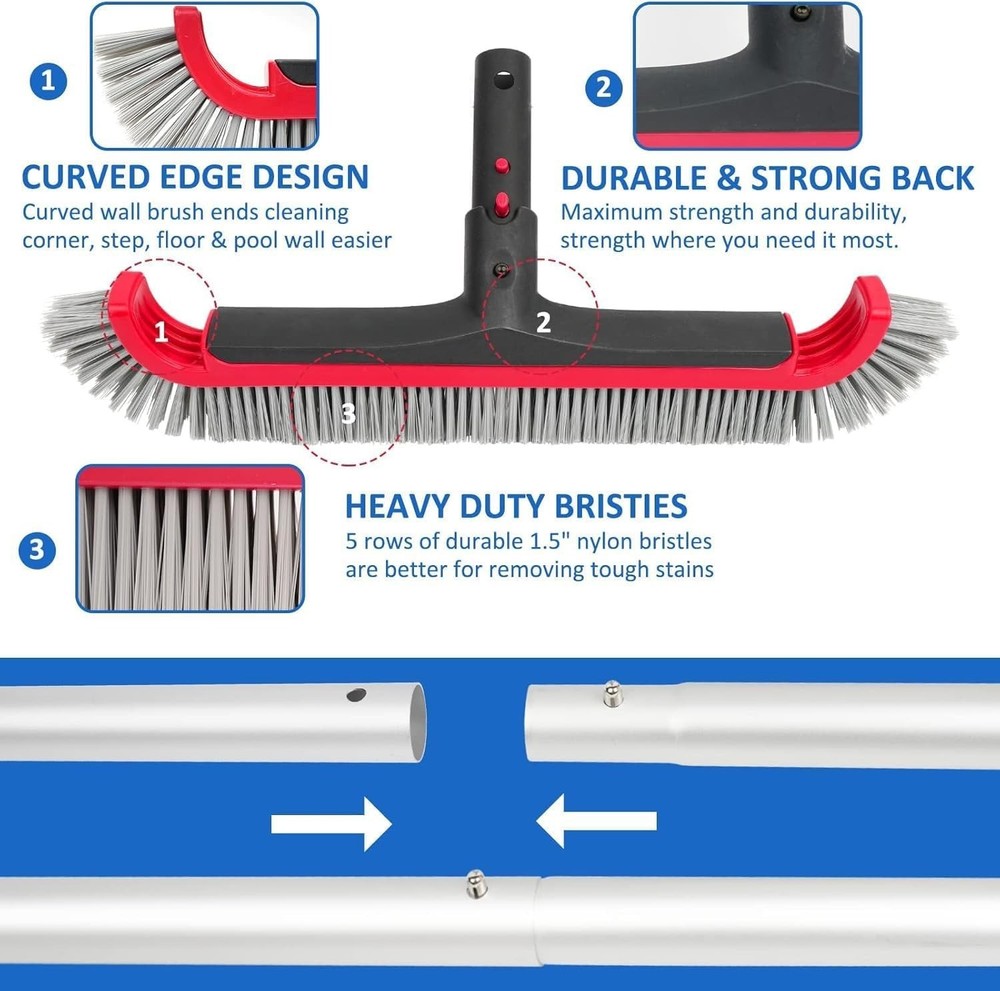 Efficient Swimming Pool Brush with Curved Nylon Bristles & Adjustable 10FT Pole