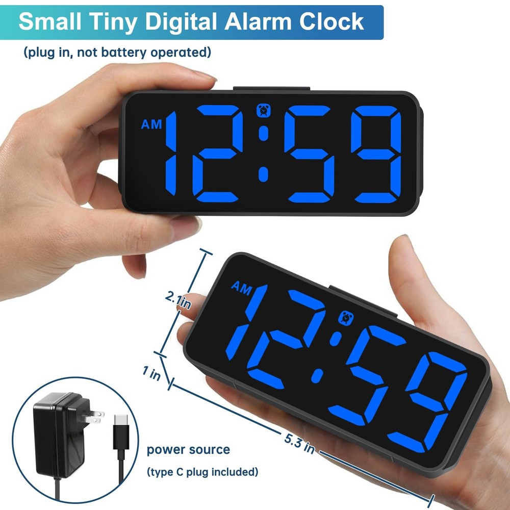 Small Digital Alarm Clock Plug in for Bedrooms Bedside, Tiny Electric Clock L...