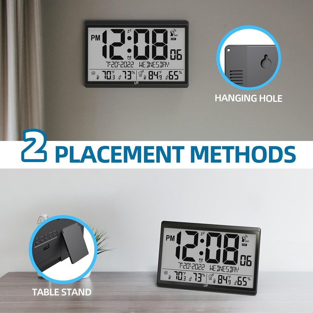 Atomic Wall Clock, 15" Large Display, Temp/Humidity, Wireless Sensor, Easy Read