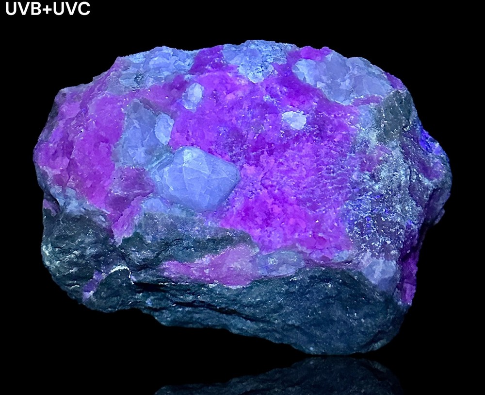 1378 Gr. Fluorescent Phosphorescent Tenebrescent Hackmanite Crystals On Calcite