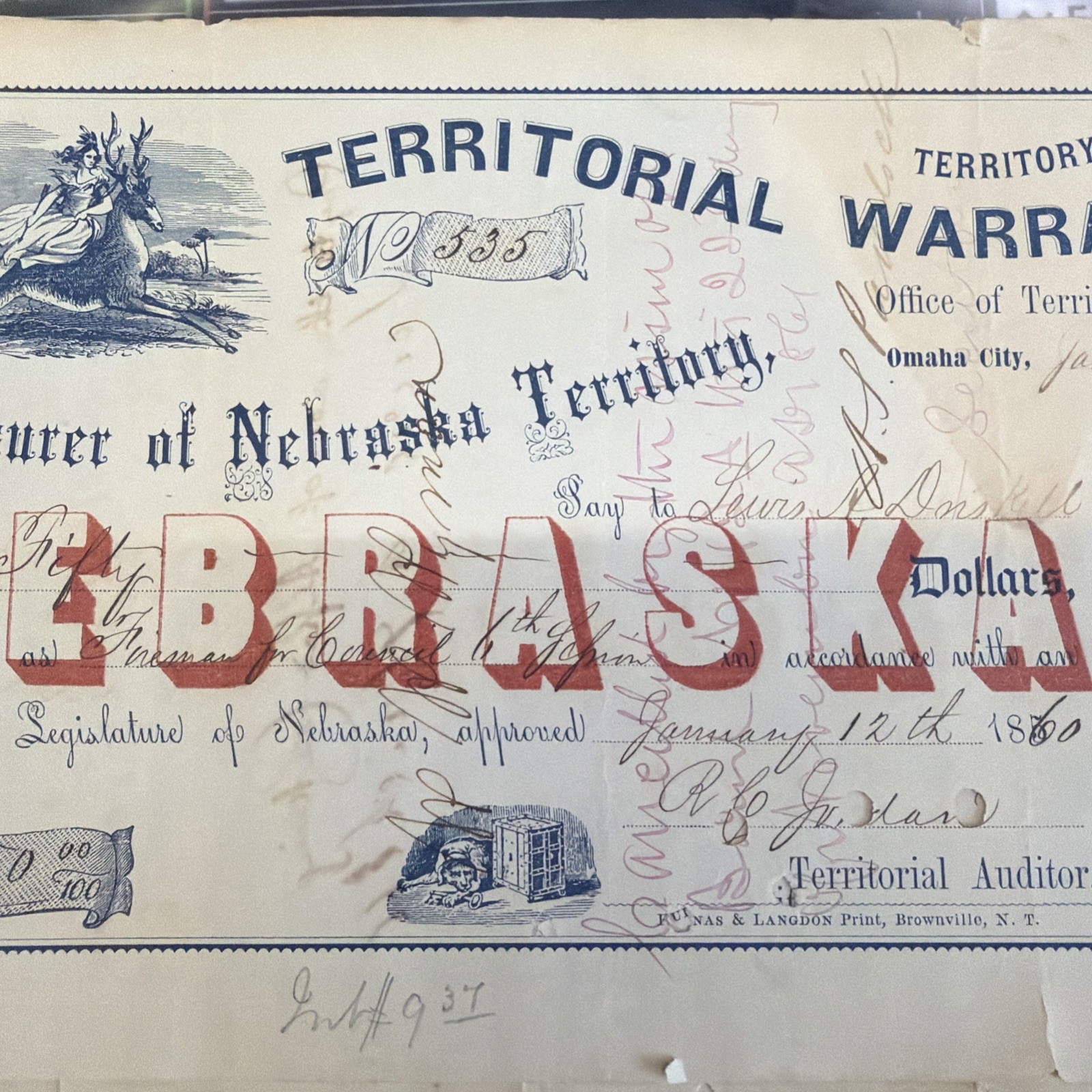 1860 Omaha City - Nebraska Territorial Warrant - $50 Canceled
