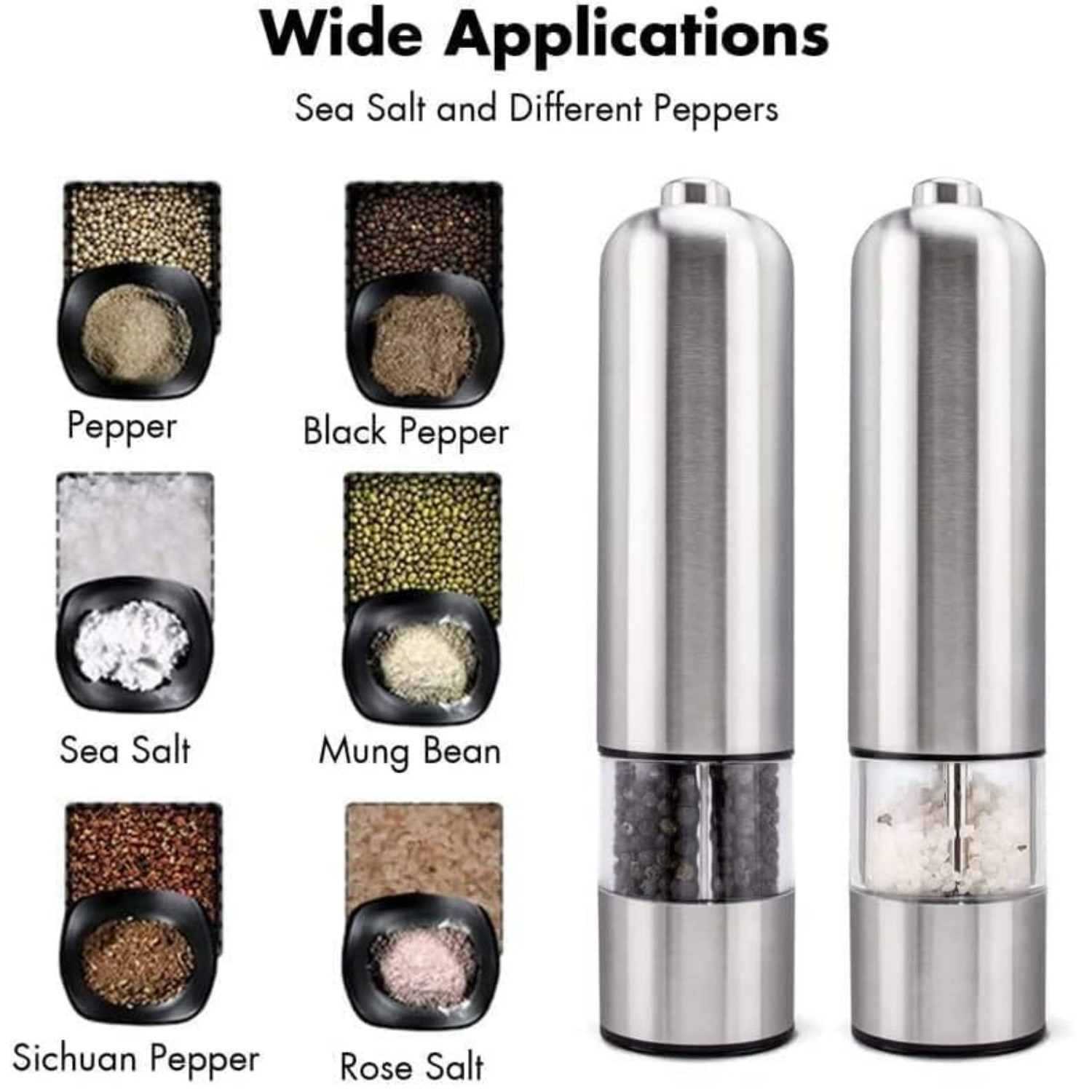 2x Electric Pepper Mill Salt And Pepper Grinder Stainless Steel One Touch Button