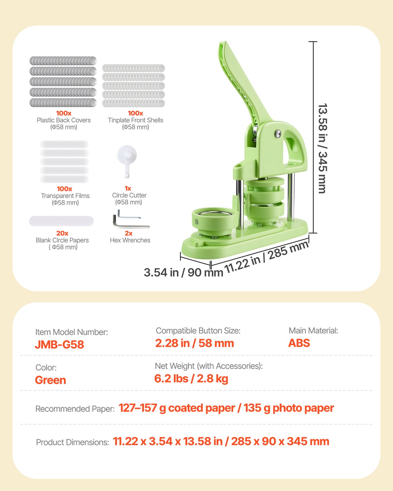 VEVOR Button Maker Machine Plastic Pin Maker 2.28 in 100pcs Button Parts Green