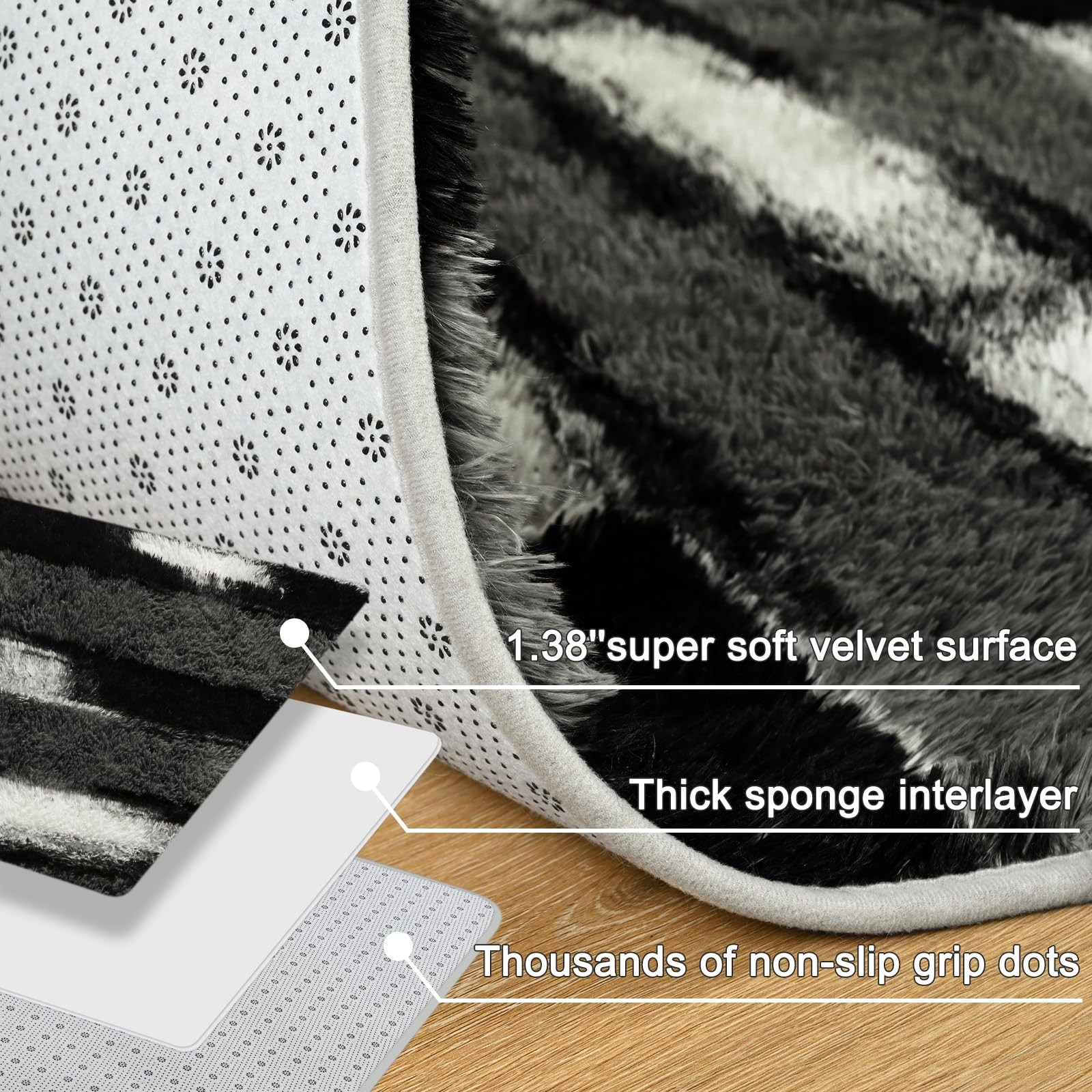 Fluffy Area Rugs for Bedroom Living Room, 4x6 Black and Grey Soft Plush Strip...