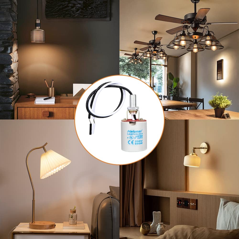 Upgraded Version - Helunsi E26 E27 Ceramic Light Socket, Glazed Medium White