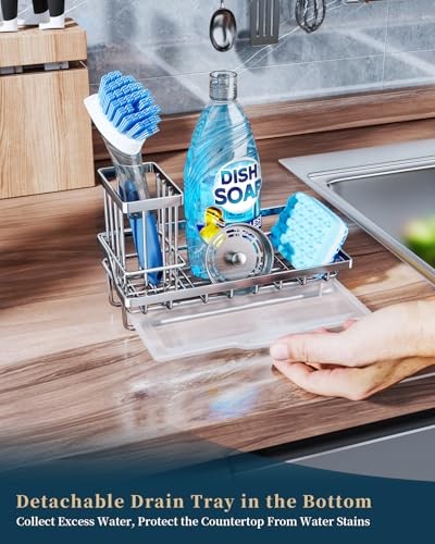 Sink Caddy, Kitchen Sponge Holder with Dish Brush Holder, Kitchen A-silver