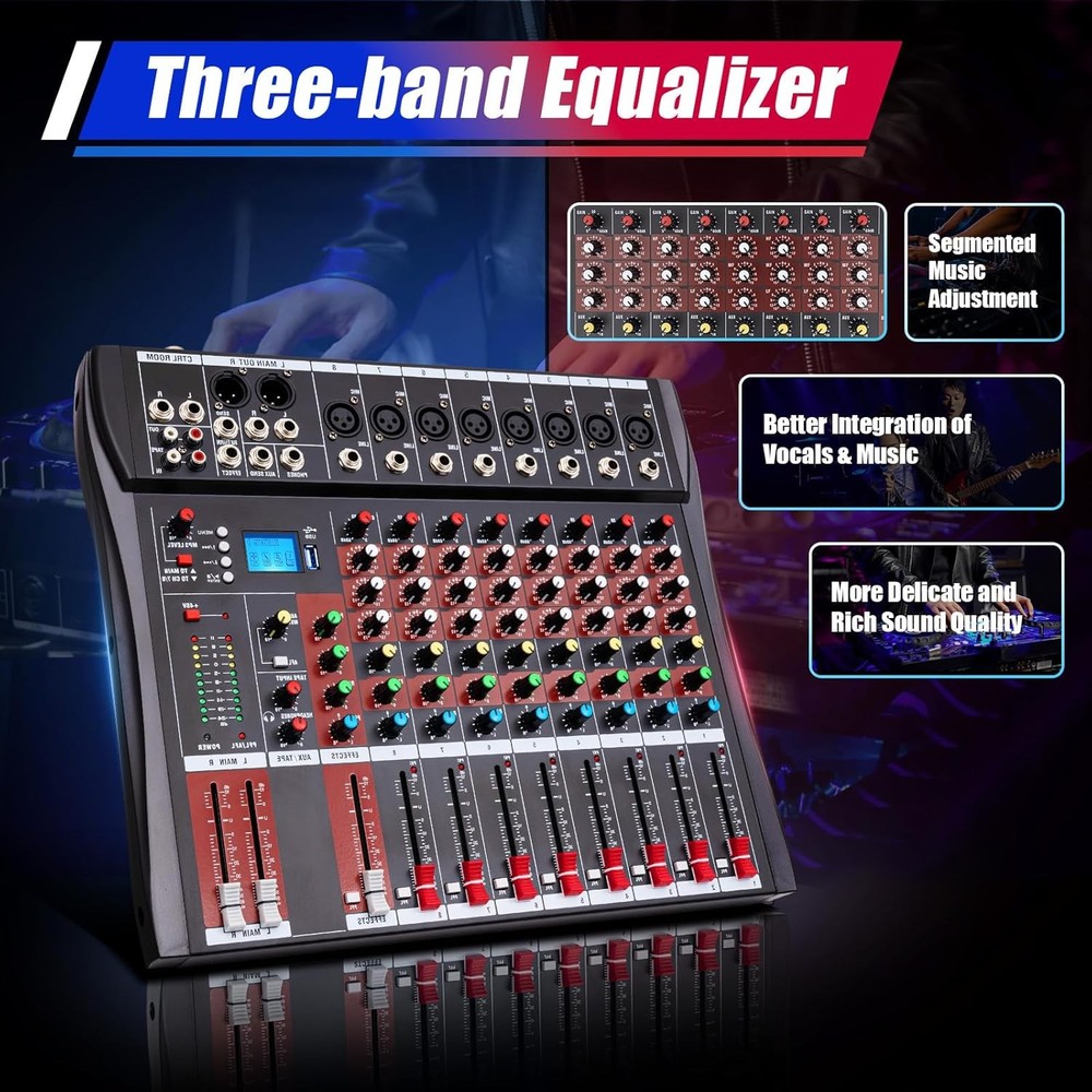 Professional 8-channel audio mixer with Bluetooth, USB playback + 48V phantom