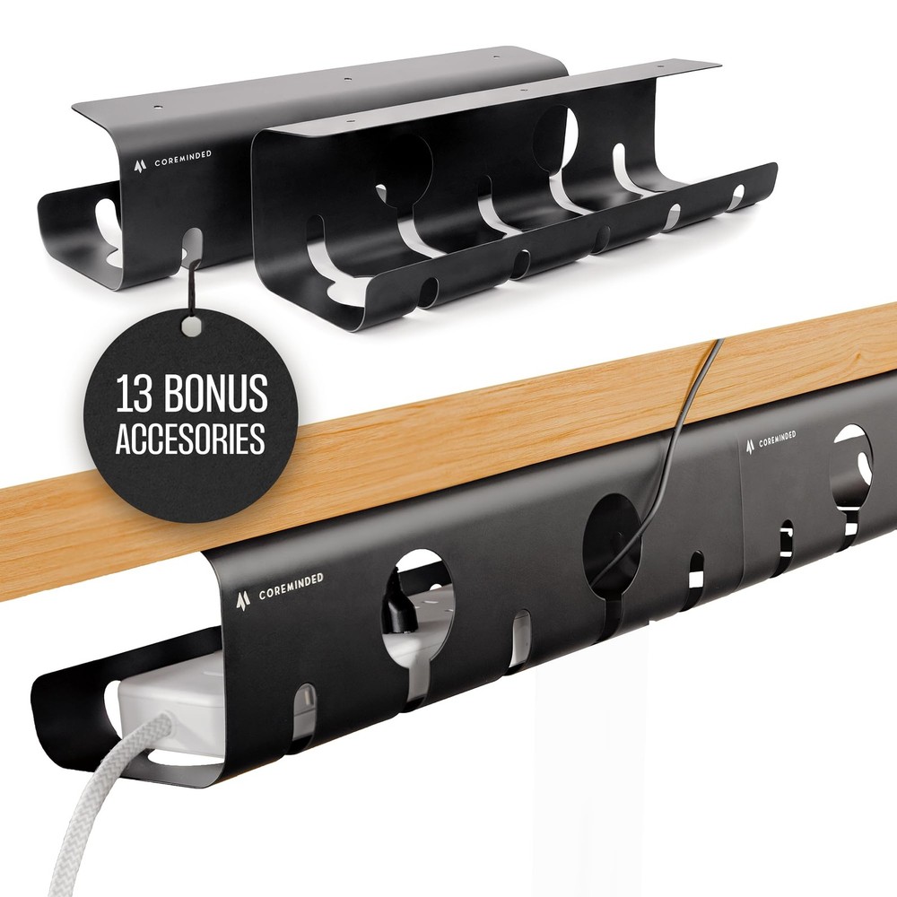 No-Drill Under Desk Cable Management Tray - 2-Pack Wire & Medium, Matte Black