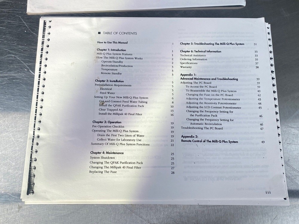 Millipore Milli-Q Plus Water Purifier - Users Manual / Guide Book