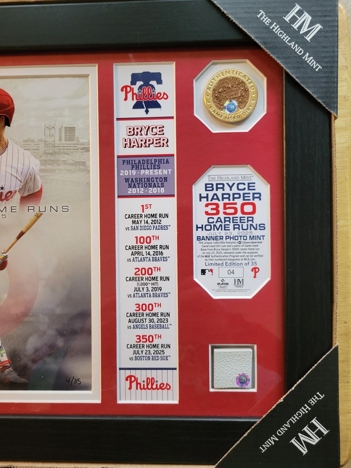 The Highland Mint Bryce Harper /35 350th Career Homerun Plaque 11"×14" Phillies