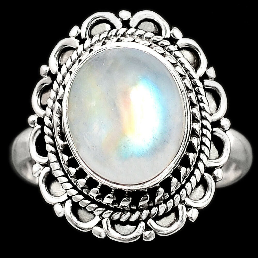 Rainbow Moonstone 925 Sterling Silver Ring - Size 7