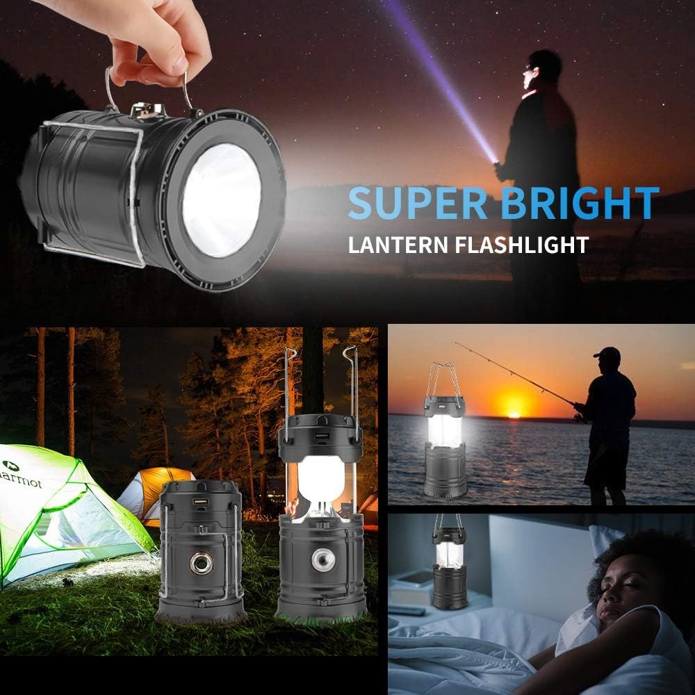 LED Camping Lantern, Solar and Rechargeable Lantern Flashlight Collapsible and P
