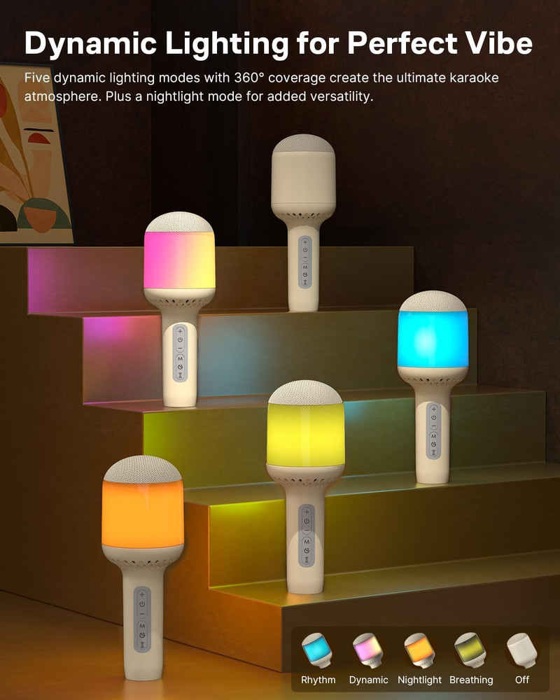 Wireless Bluetooth Karaoke Microphone with Dynamic Lights, Portable Handheld Mic