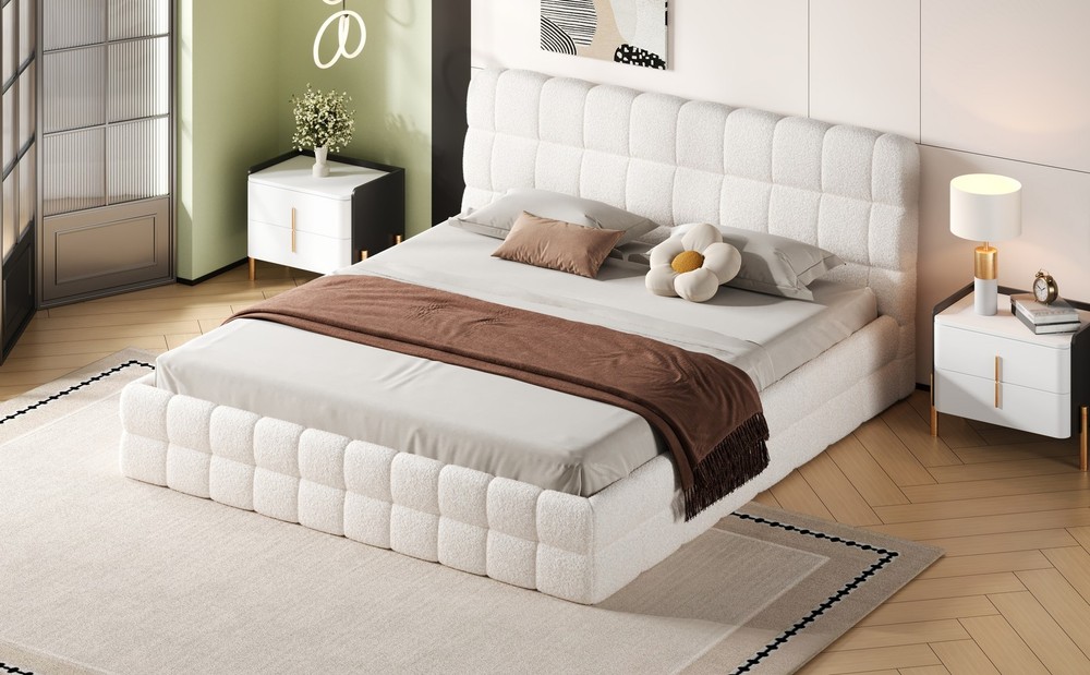 King Size Upholstered Platform Bed, White