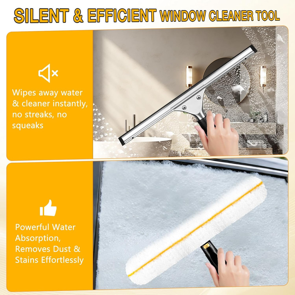 Window Cleaning Squeegee Kit- 14" Squeegee & Microfiber Rotatable Window Scrubbe