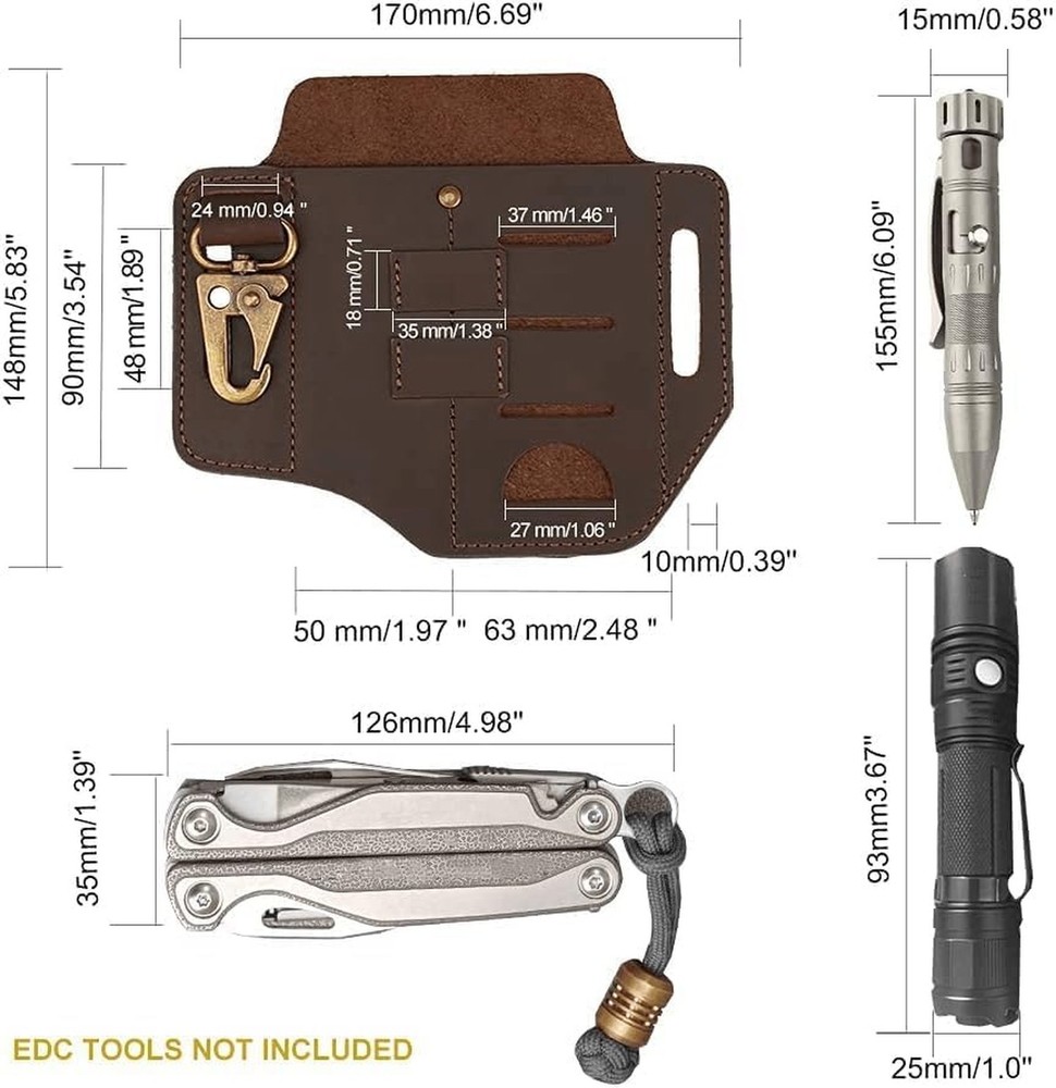EDC Leather Sheath, Multitool Leather Pocket Organizer PJ13 Plus Brown