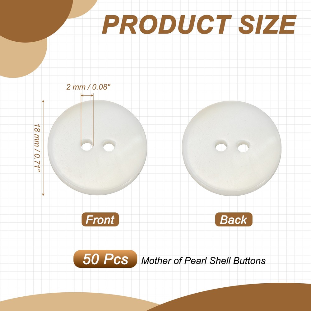 Natural Shell Button 2 Hole Shell Round Sewing Buttons 18 mm & 50 Pack & White