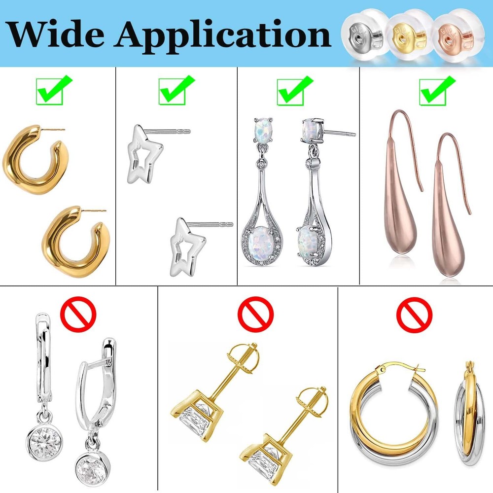 Earring Backs 18K Gold Locking Secure Earring Backs for Studs, Silicone Earri...