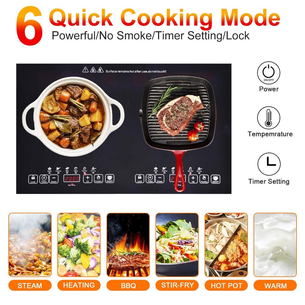 Induction Cooker 2 Burner Cooktop 2000W+2000W Touch Control Electric Cooktop