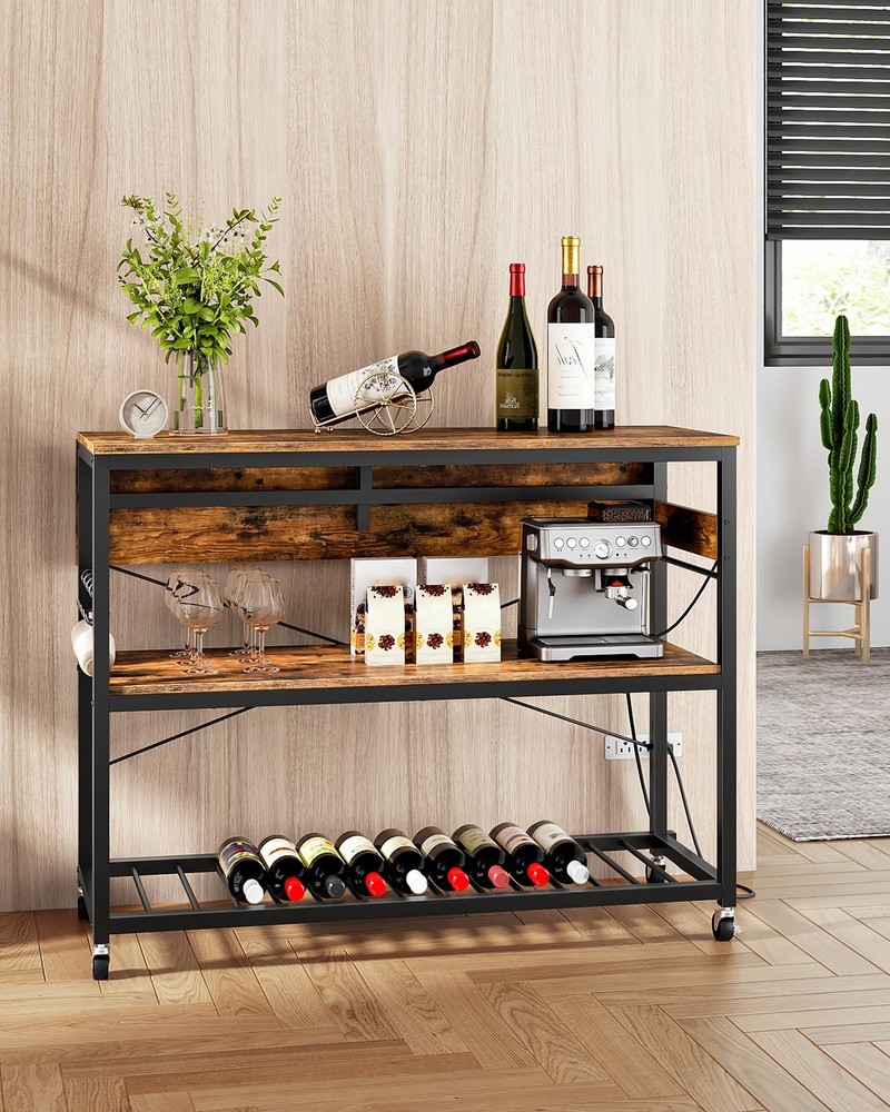 Rustic Kitchen Island with Power Outlet, Folding Top & Wine Rack, Large Size