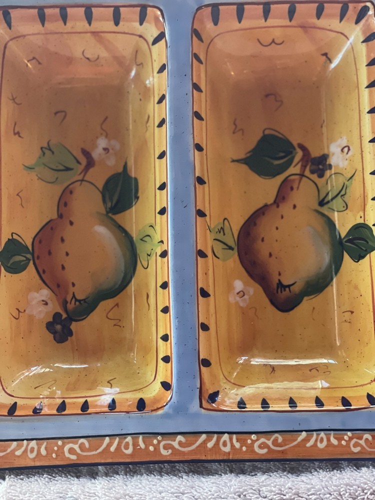 2 Compartment Decor Tray Ceramic Pear 10"x10"x2" Earthtones