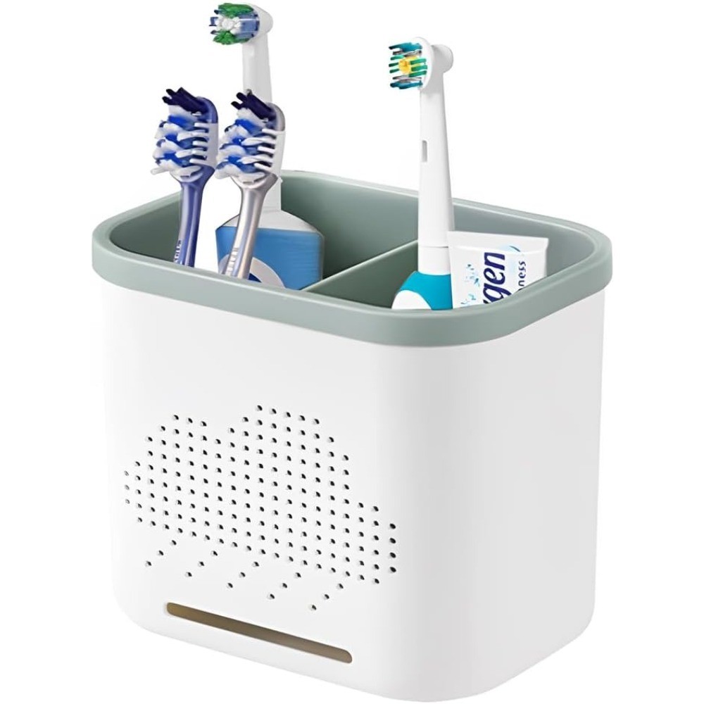 Toothbrush Holder with Toothpaste Dispenser 2 Compartment Bathroom Organizer