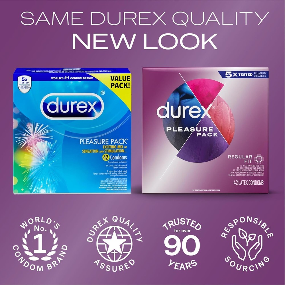 Durex Pleasure Pack Assorted Condoms 42 Count Lubricated Regular Fit